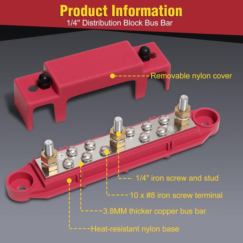 MOFEEZ Bus Bar 3 x 1/4” Post 10 x #8 Screw Terminal Power Distribution Block for Car Boat Marine (Red & Black) - Image 4