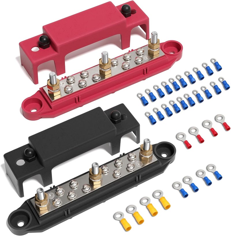 MOFEEZ Bus Bar 3 x 1/4” Post 10 x #8 Screw Terminal Power Distribution Block for Car Boat Marine (Red & Black) - Image 1
