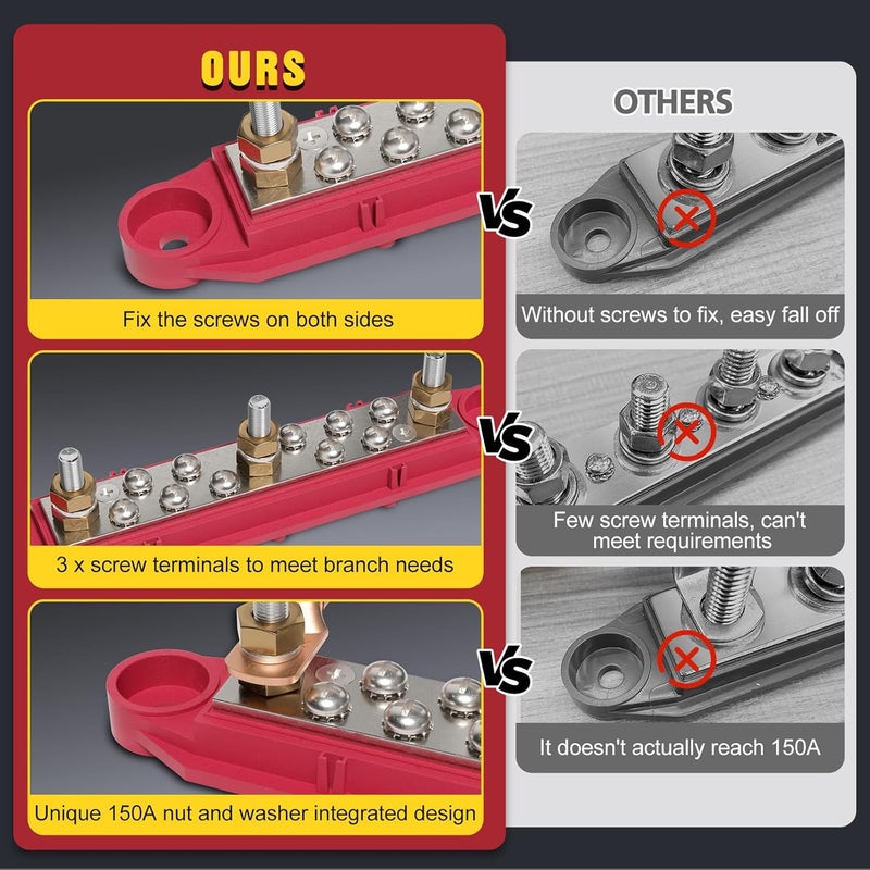 MOFEEZ Bus Bar 3 x 1/4” Post 10 x #8 Screw Terminal Power Distribution Block for Car Boat Marine (Red & Black) - Image 3