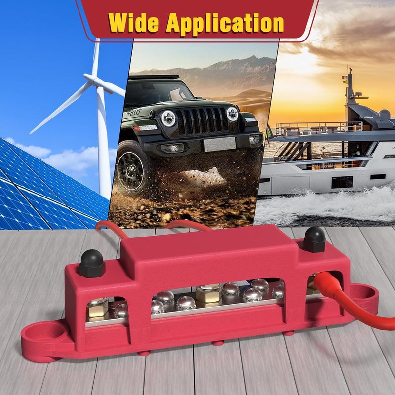 MOFEEZ Bus Bar 3 x 1/4” Post 10 x #8 Screw Terminal Power Distribution Block for Car Boat Marine (Red & Black) - Image 5