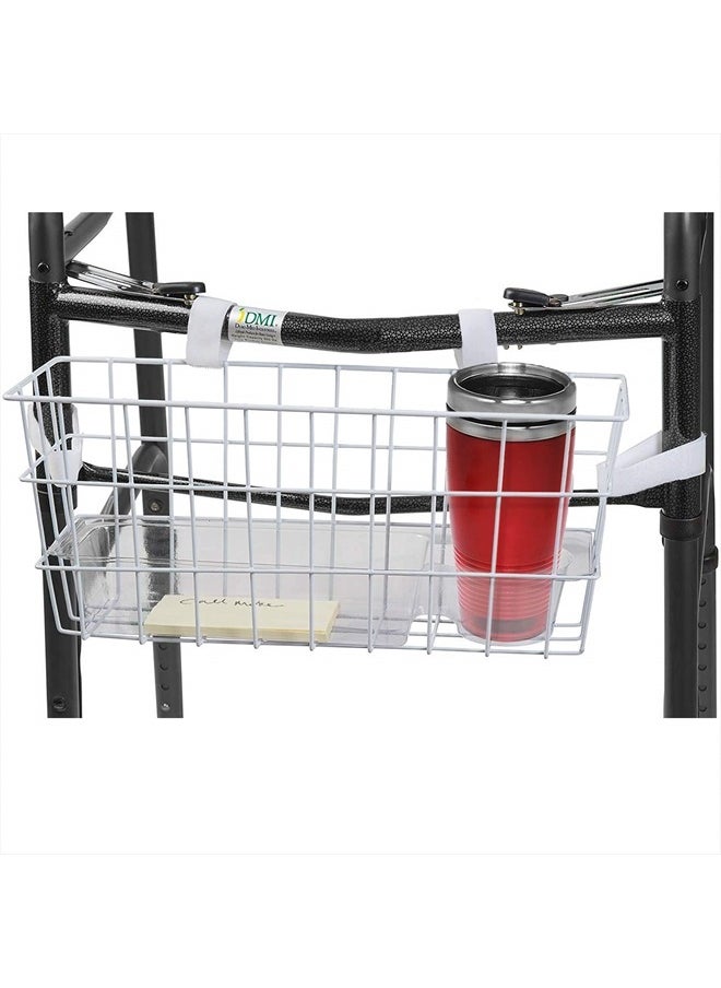HealthSmart Walker Storage Basket with Cup Holder and Insert Tray, No Tools Needed, White, 16 x 5.5 x 7, Walker Accessories  - Image 1