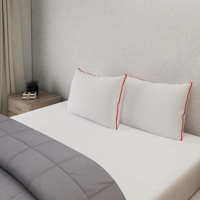 HOME SUPERSOFT MICROFIBER PILLOW WHITE RED PIPING SIZE 43 CMS X 68 CMS 300TC COTTON FABRIC DOUBLE STITCHED EDGES 1000 GMS SUPERSOFT MICROFIBER MACHINE WASHABLE SET OF 1
