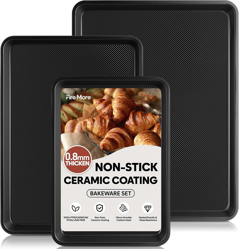 Fire More 3 Pack Baking Sheet Pan Set, 0.8mm Thick Nonstick Cookie Sheets for Oven, Half/Quarter/Jelly Roll Pans for Oven, Heavy Duty Baking Trays for Oven with Diamond Texture - Image 1