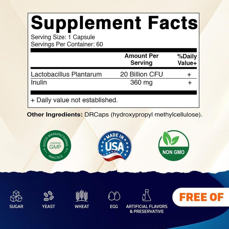 Vitamatic Lactobacillus Plantarum  20 Billion per DR Capsule  60 Count  Digestive Support  Made with Prebiotic Inulin Fiber - Image 2