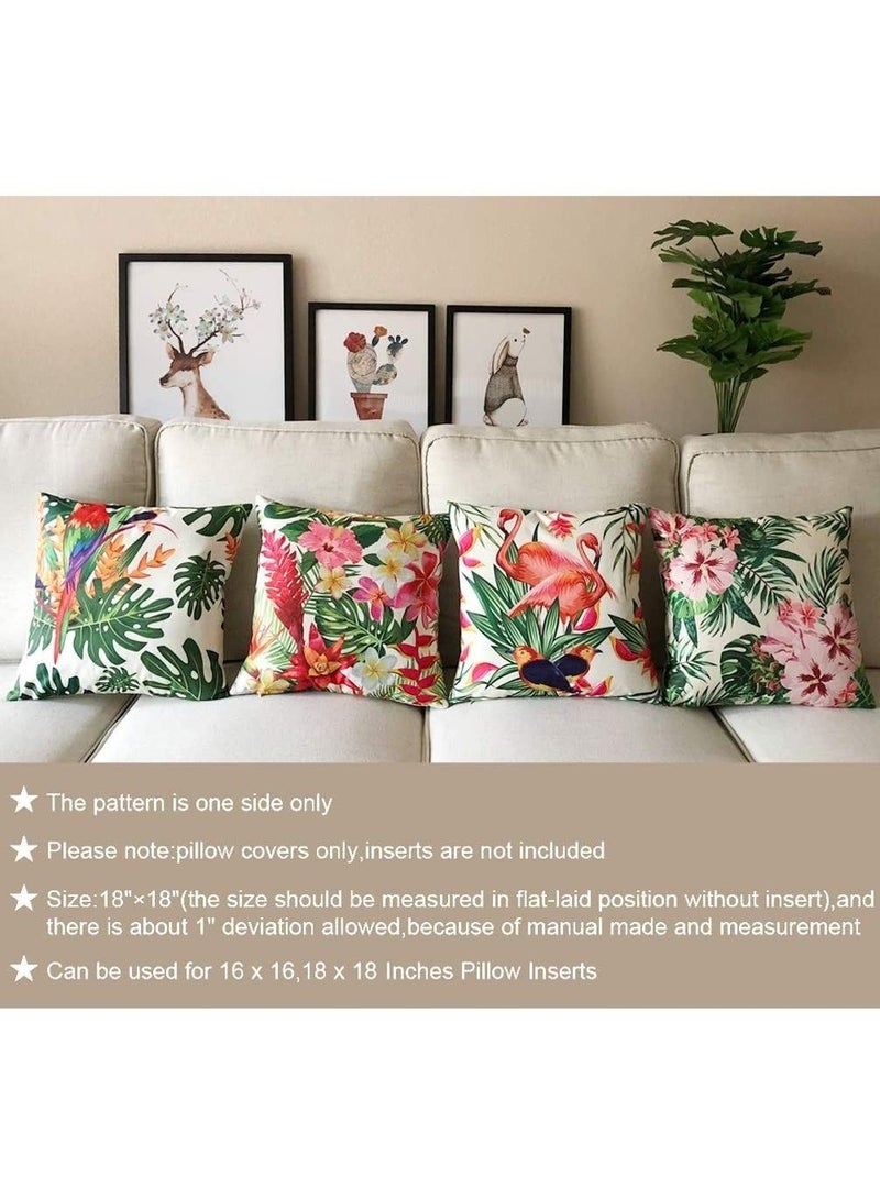 Captaintech Throw Pillow Covers Tropical Cushion Leaves & Flowers with Parrot Flamingo Bird Pattern Home Decorative for Outdoor Patio Garden Living Room Sofa 18”×18” Pillowcase 4 Pcs - Image 2