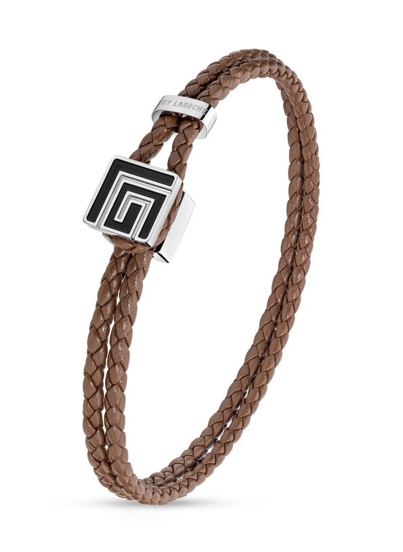 Guy Laroche - Adrien Brown Leather Bracelet for Men with Black Enamel - Image 1