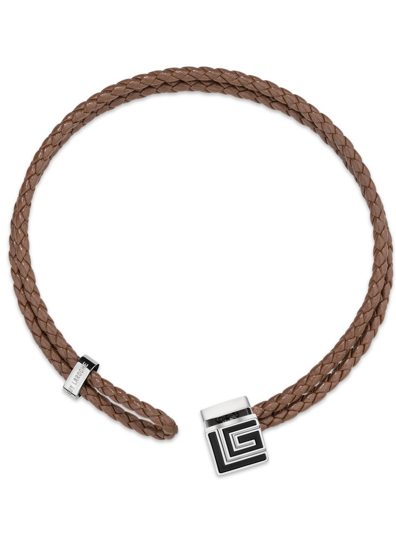 Guy Laroche - Adrien Brown Leather Bracelet for Men with Black Enamel - Image 1