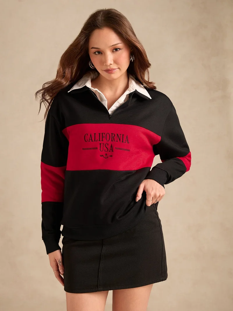 OUTZIDR Black Russian Fleece Colour Block Sweatshirt