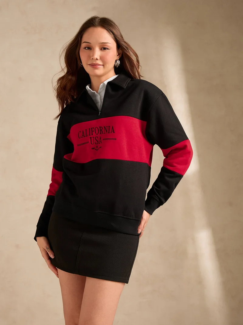 Outzidr  Black Russian Fleece Colour Block Sweatshirt for Women | Best Price UAE