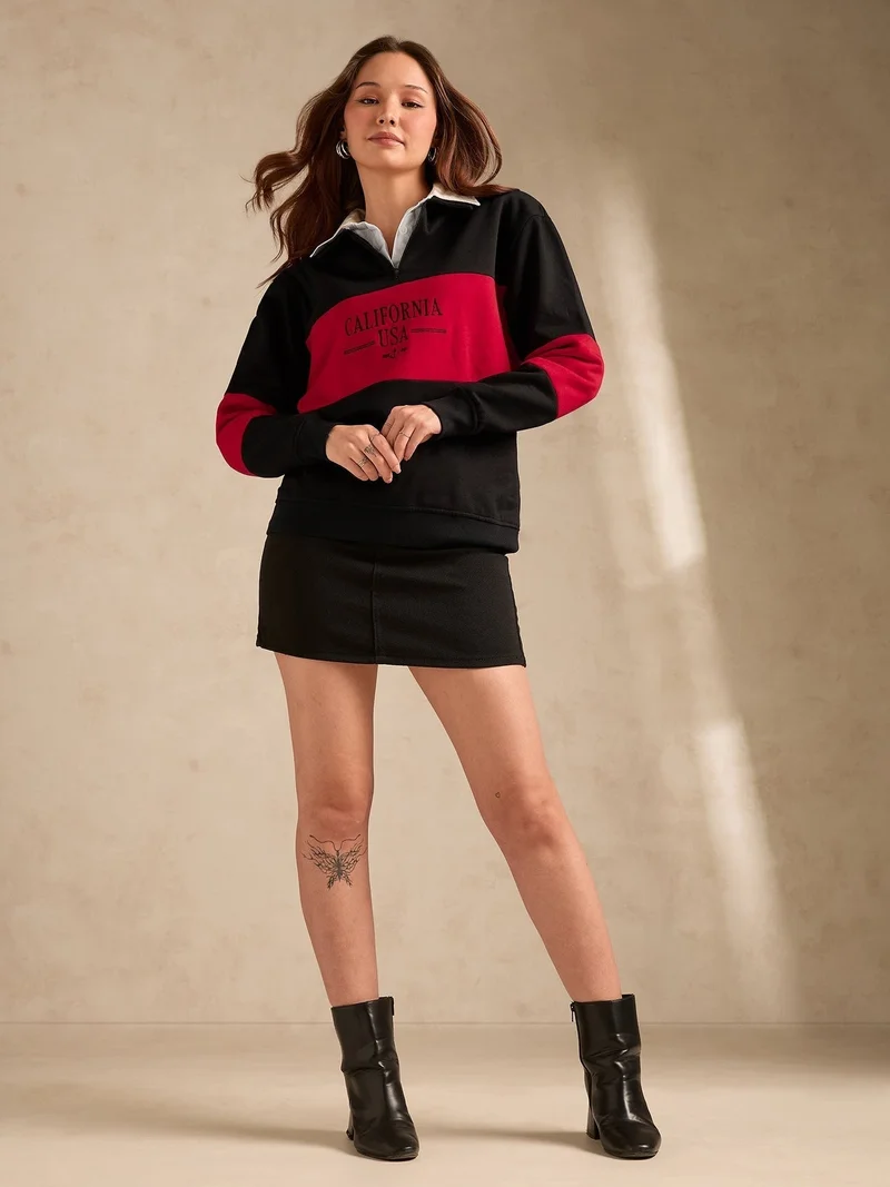 Outzidr Black Russian Fleece Colour Block Sweatshirt