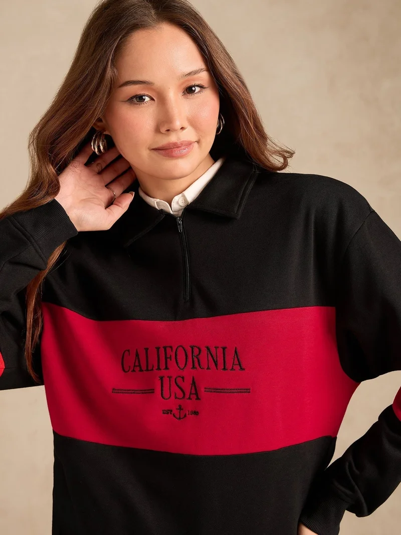 Outzidr  Black Russian Fleece Colour Block Sweatshirt for Women | Best Price UAE
