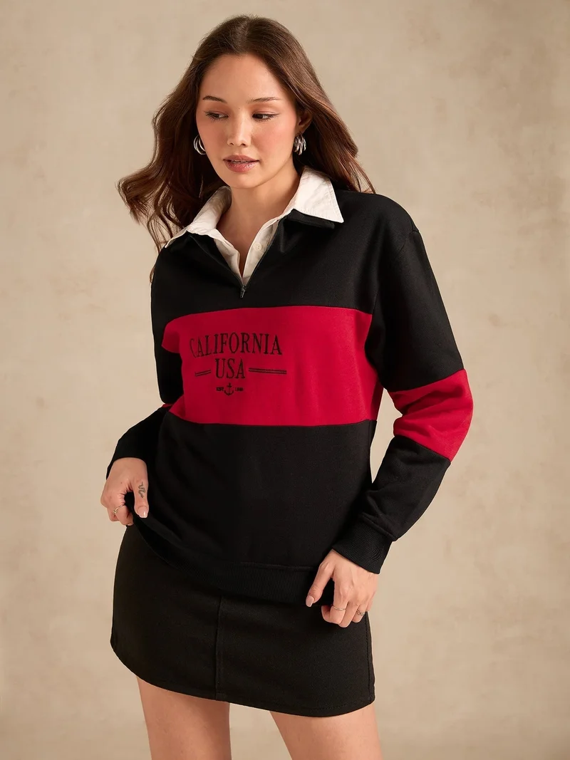 Outzidr  Black Russian Fleece Colour Block Sweatshirt for Women | Best Price UAE