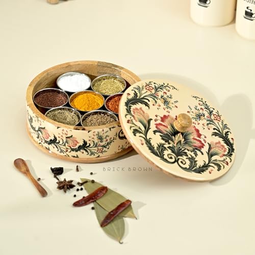 Brick Brown ® Handcrafted Wooden Ikat Bloom Masala Box for Kitchen | Masala Dabba | Spice Jars | Spice Rack Organizer Storage Box with 7 Containers and 1 Wooden Spoon(8.25x3.75 Inch) - Image 1