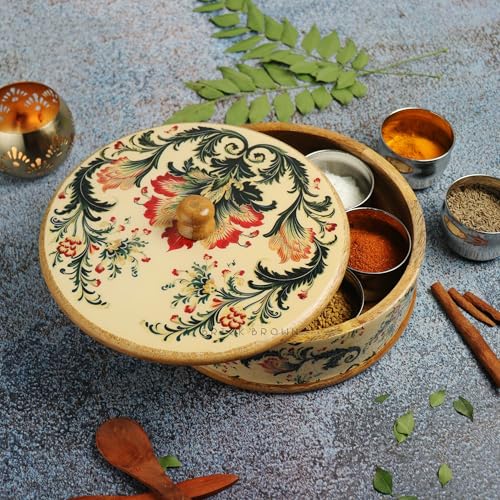 Brick Brown ® Handcrafted Wooden Ikat Bloom Masala Box for Kitchen | Masala Dabba | Spice Jars | Spice Rack Organizer Storage Box with 7 Containers and 1 Wooden Spoon(8.25x3.75 Inch) - Image 3