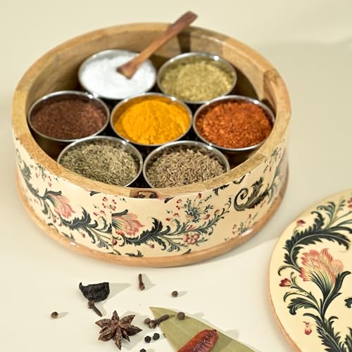 Brick Brown ® Handcrafted Wooden Ikat Bloom Masala Box for Kitchen | Masala Dabba | Spice Jars | Spice Rack Organizer Storage Box with 7 Containers and 1 Wooden Spoon(8.25x3.75 Inch) - Image 5