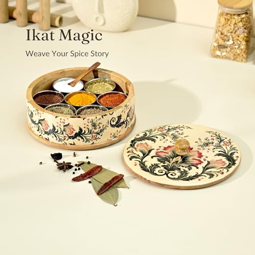Brick Brown ® Handcrafted Wooden Ikat Bloom Masala Box for Kitchen | Masala Dabba | Spice Jars | Spice Rack Organizer Storage Box with 7 Containers and 1 Wooden Spoon(8.25x3.75 Inch) - Image 2