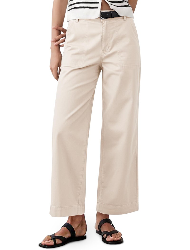 Eddoyee Womens Wide Leg Ankle Pants, High Waisted Straight Leg Stretch Casual Elastic Waist Cropped Pants Khaki - Image 1