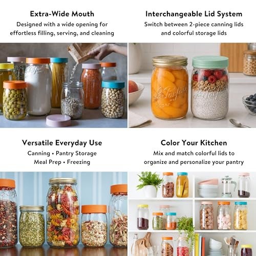 Le Parfait Eco-Friendly Zero Waste Wide Mouth Glass Jar with Airtight Screw Top Lid – Reusable French Storage Jar for Food, Soup, Flour, Sugar, Canning & Baking (1L/32oz, 4 Pack, Orange) - Image 3