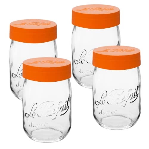 Le Parfait Eco-Friendly Zero Waste Wide Mouth Glass Jar with Airtight Screw Top Lid – Reusable French Storage Jar for Food, Soup, Flour, Sugar, Canning & Baking (1L/32oz, 4 Pack, Orange) - Image 1