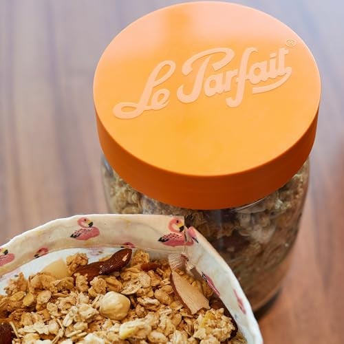 Le Parfait Eco-Friendly Zero Waste Wide Mouth Glass Jar with Airtight Screw Top Lid – Reusable French Storage Jar for Food, Soup, Flour, Sugar, Canning & Baking (1L/32oz, 4 Pack, Orange) - Image 2