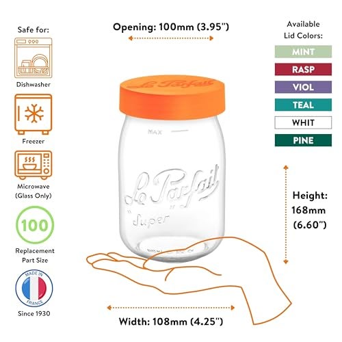 Le Parfait Eco-Friendly Zero Waste Wide Mouth Glass Jar with Airtight Screw Top Lid – Reusable French Storage Jar for Food, Soup, Flour, Sugar, Canning & Baking (1L/32oz, 4 Pack, Orange) - Image 5