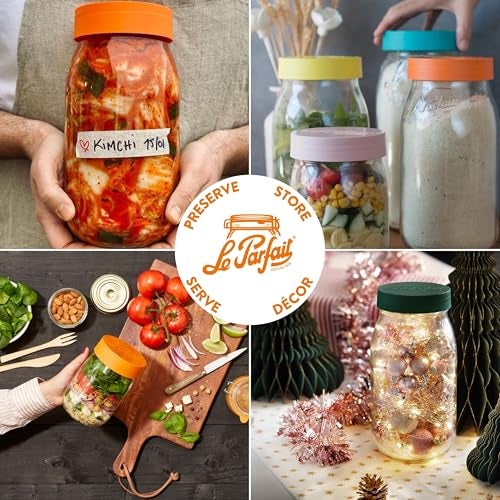 Le Parfait Eco-Friendly Zero Waste Wide Mouth Glass Jar with Airtight Screw Top Lid – Reusable French Storage Jar for Food, Soup, Flour, Sugar, Canning & Baking (1L/32oz, 4 Pack, Orange) - Image 4