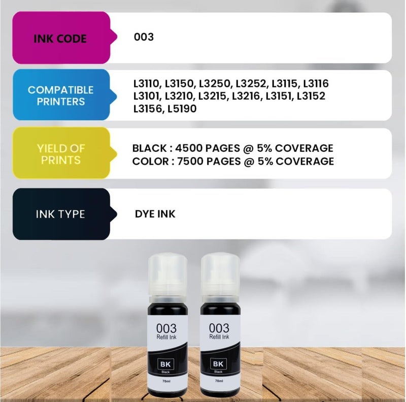 QUINK 003 Black Ink for Epson L3110, L3150, L3250, L3252 L3115, L3116, L3101, L3210, L3215, L3216, L3151, L3152, L3156, L5190 Printer - Compatible Ink Bottle for Epson 003 - (Black - 70g x 2) - Image 1
