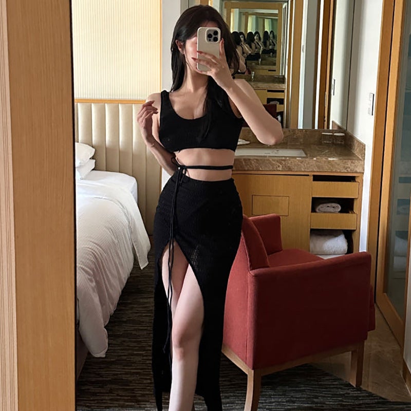 Beach Suit Solid Color V-Neck Strap Bikini Swimsuit Thigh Split Bikini Blouse - Image 1