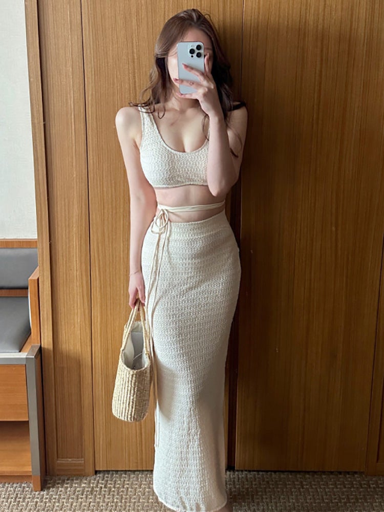 Beach Suit Solid Color V-Neck Strap Bikini Swimsuit Thigh Split Bikini Blouse - Image 5
