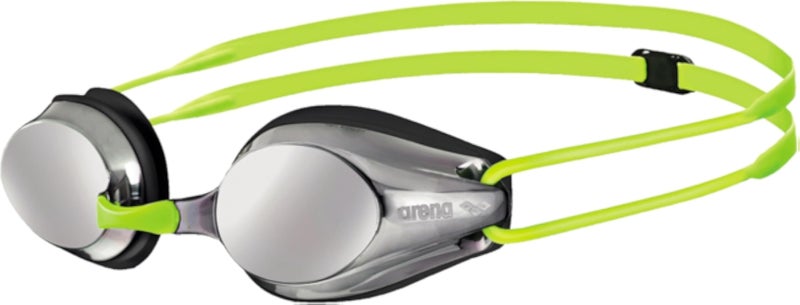Arena Tracks Unisex Junior Youth Essential Racing Swim Goggles Kids Swimmers Young Racers 6-12 Anti-Fog Coated Mirror Lens, Silver/Black/Fluo Yellow