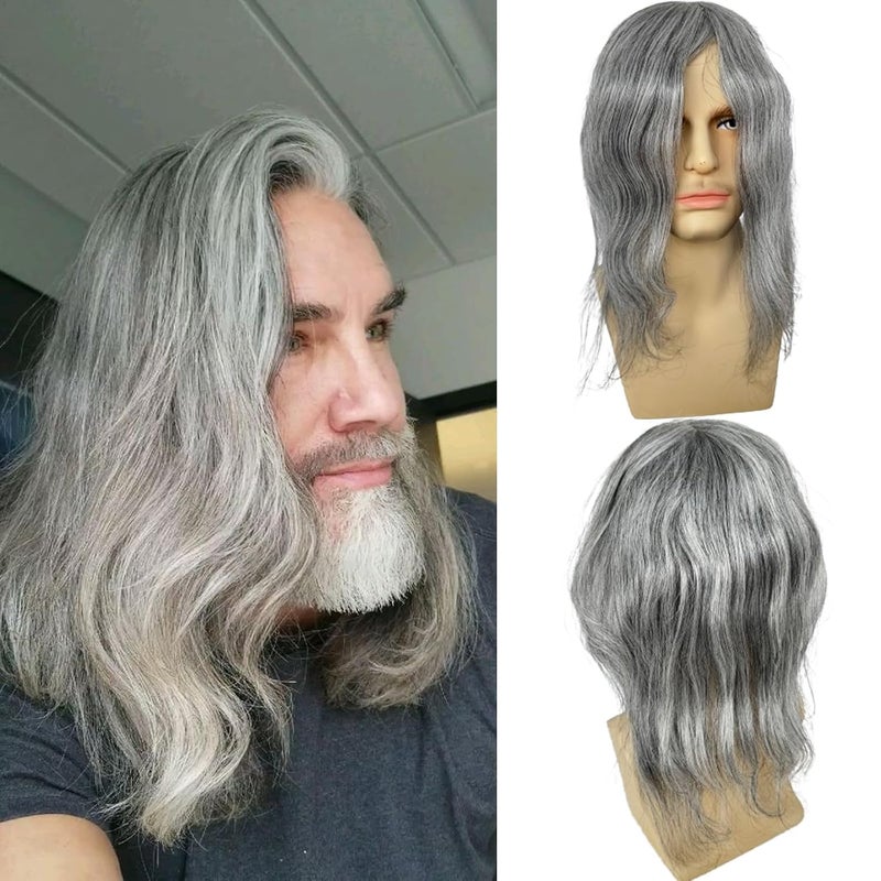Swiss Full Lace Mens Toupee Real Human Hair 1B Mixed 80 Grey Synthetic Hair Replacement for Men Hairpiece 12inch Long Hair