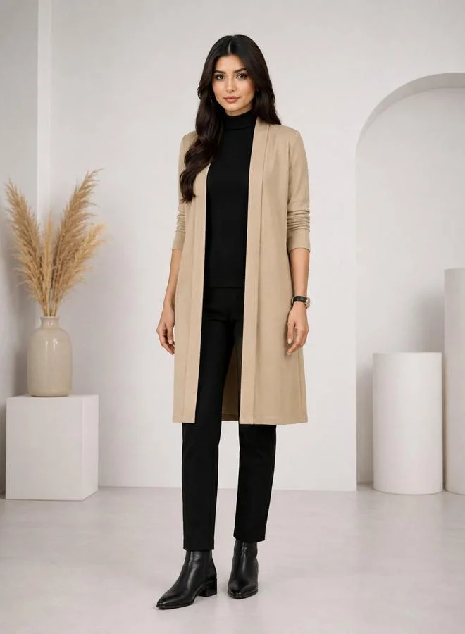تايك تو Beige Solid Ribbed Longline Open Front Shrug By Gravt