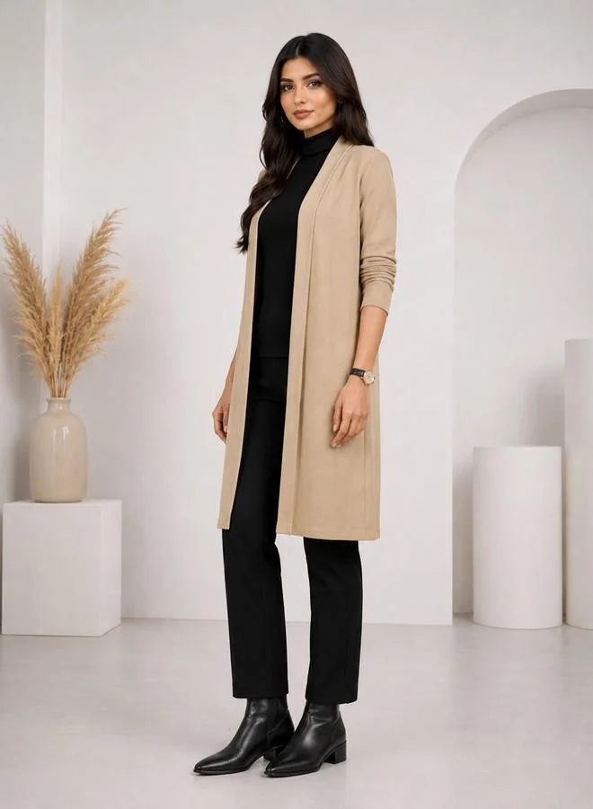 تايك تو Beige Solid Ribbed Longline Open Front Shrug By Gravt