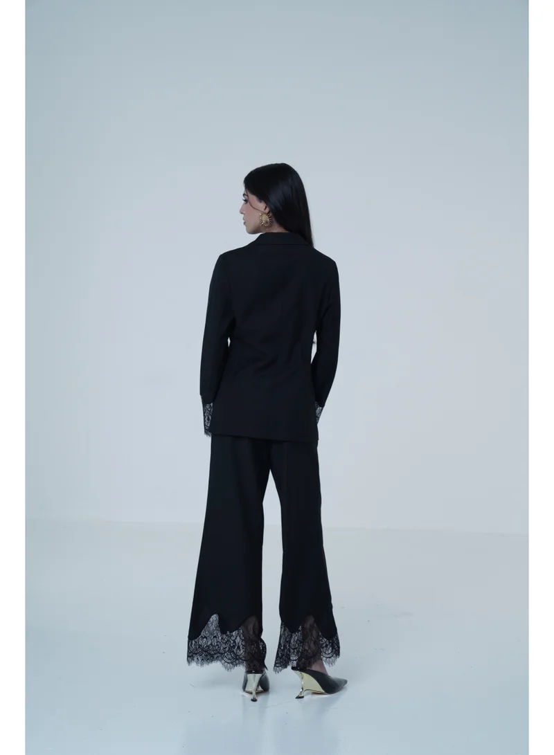 Ashita Fernandes Black Wide-Leg Pants with Lace Hem