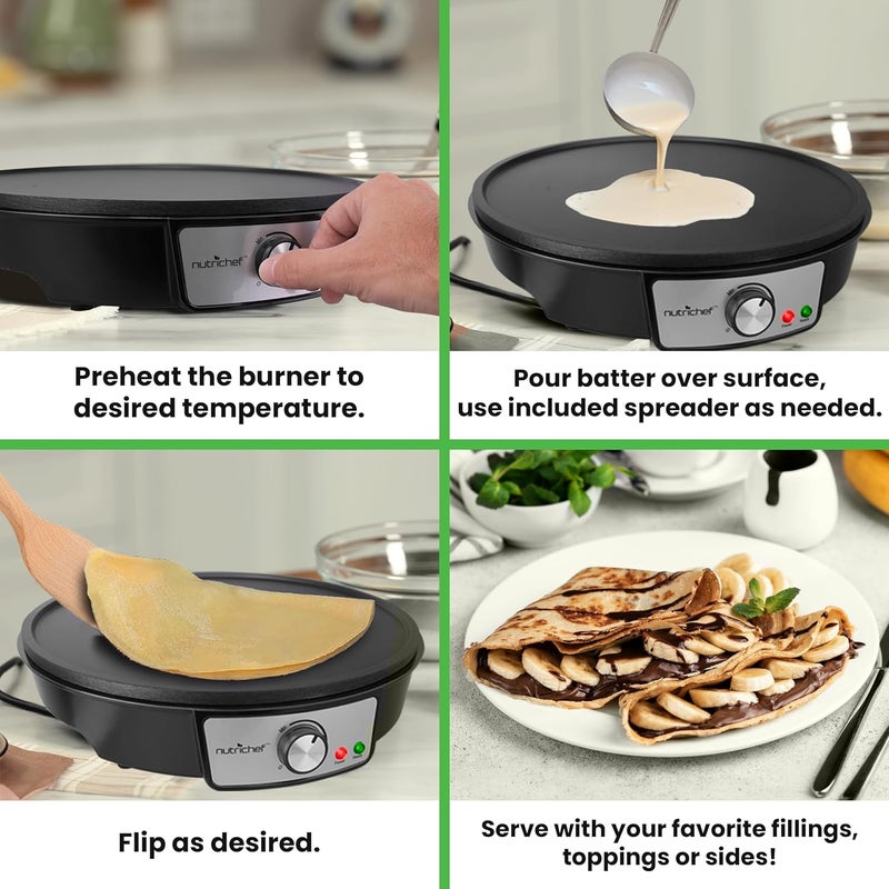 NutriChef Electric Crepe Maker Pan & Griddle - 12 Inch Nonstick Cooktop, LED Indicators & Adjustable Temperature Control, Includes Spatula, Batter Spreader, Cooks Crepes, Roti & Pancakes - Image 4