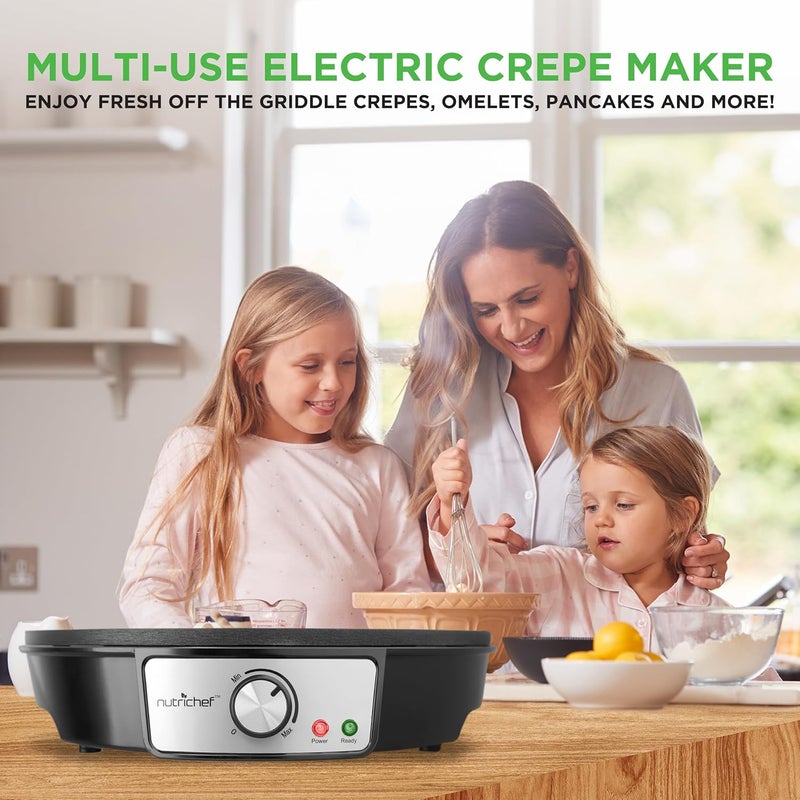 NutriChef Electric Crepe Maker Pan & Griddle - 12 Inch Nonstick Cooktop, LED Indicators & Adjustable Temperature Control, Includes Spatula, Batter Spreader, Cooks Crepes, Roti & Pancakes - Image 2
