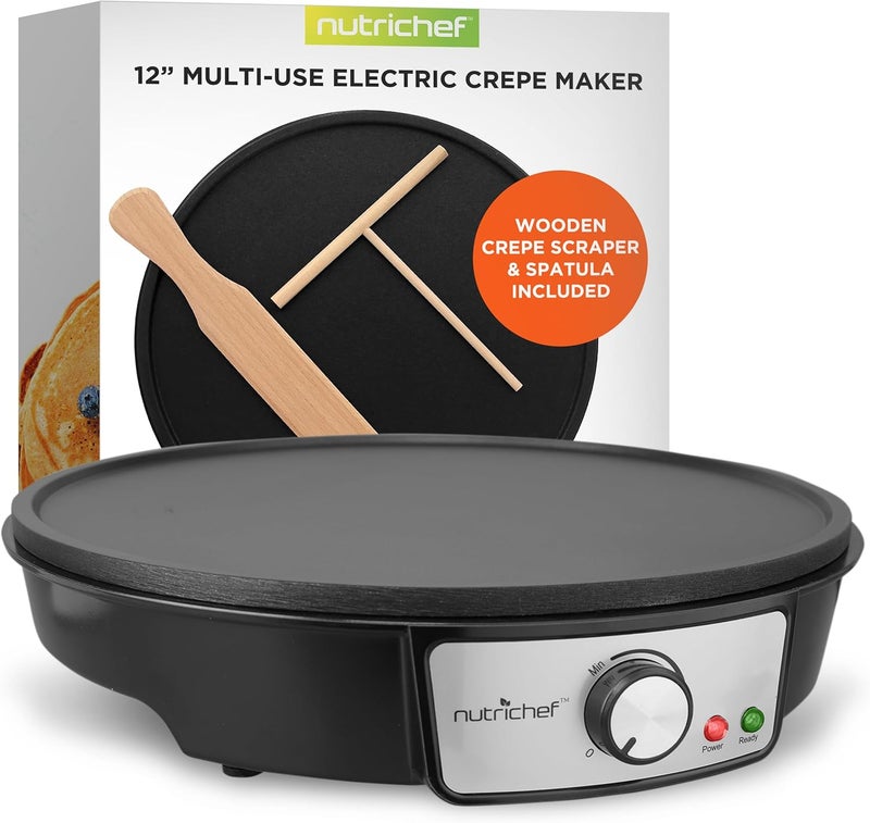 NutriChef Electric Crepe Maker Pan & Griddle - 12 Inch Nonstick Cooktop, LED Indicators & Adjustable Temperature Control, Includes Spatula, Batter Spreader, Cooks Crepes, Roti & Pancakes - Image 1
