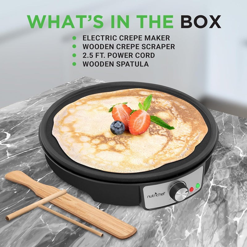NutriChef Electric Crepe Maker Pan & Griddle - 12 Inch Nonstick Cooktop, LED Indicators & Adjustable Temperature Control, Includes Spatula, Batter Spreader, Cooks Crepes, Roti & Pancakes - Image 5