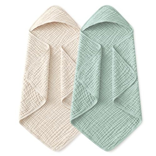 Yoofoss Hooded Baby Bath Towels 2 Pack - 100% Muslin Organic Cotton, Soft & Absorbent for Newborn, Babies, Toddlers, 32x32 Inch, Beige & Coffee