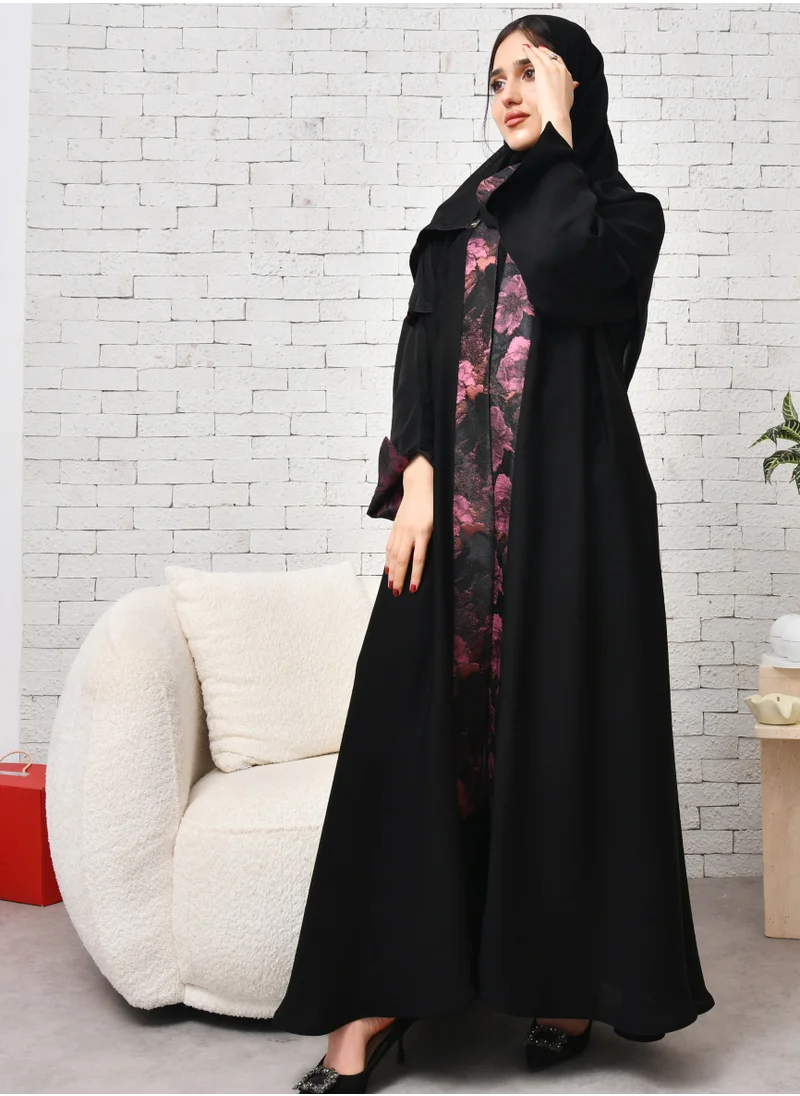 HAWRAA ABAYA A black quarter-cloth wrap abaya with summer jacquard fabric overlapping in bright colors