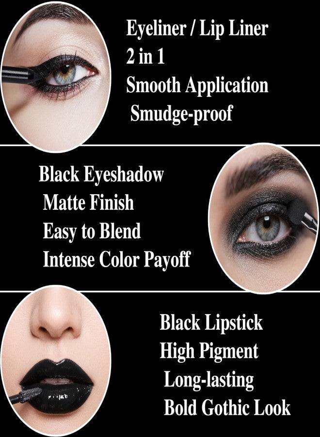 Yeweian Black Eyeshadow Palette Liquid Lipstick Eyeliner Set with Mini Brush, Smokey Eye Shadow Black Lip Gloss lip liner Set, Smudge Proof Long-lasting, Suitable for Halloween Cosplay Goth Witch Makeup - Image 5