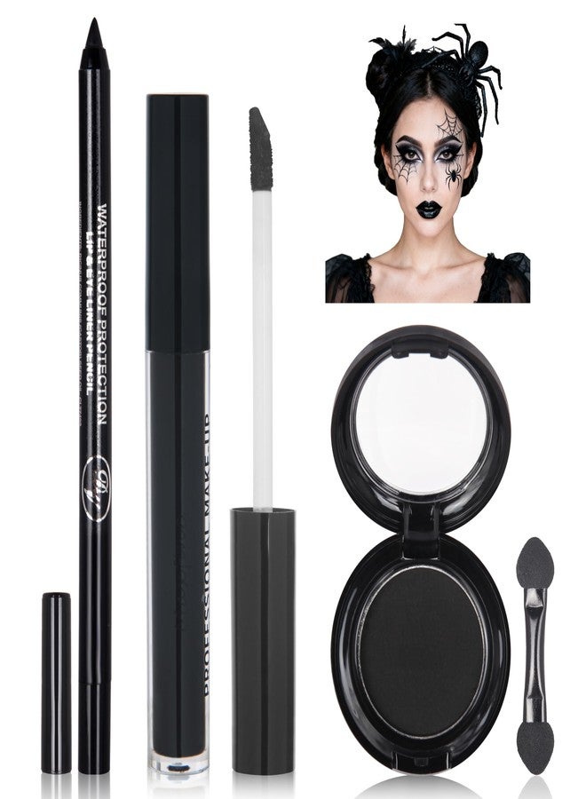 Yeweian Black Eyeshadow Palette Liquid Lipstick Eyeliner Set with Mini Brush, Smokey Eye Shadow Black Lip Gloss lip liner Set, Smudge Proof Long-lasting, Suitable for Halloween Cosplay Goth Witch Makeup - Image 1