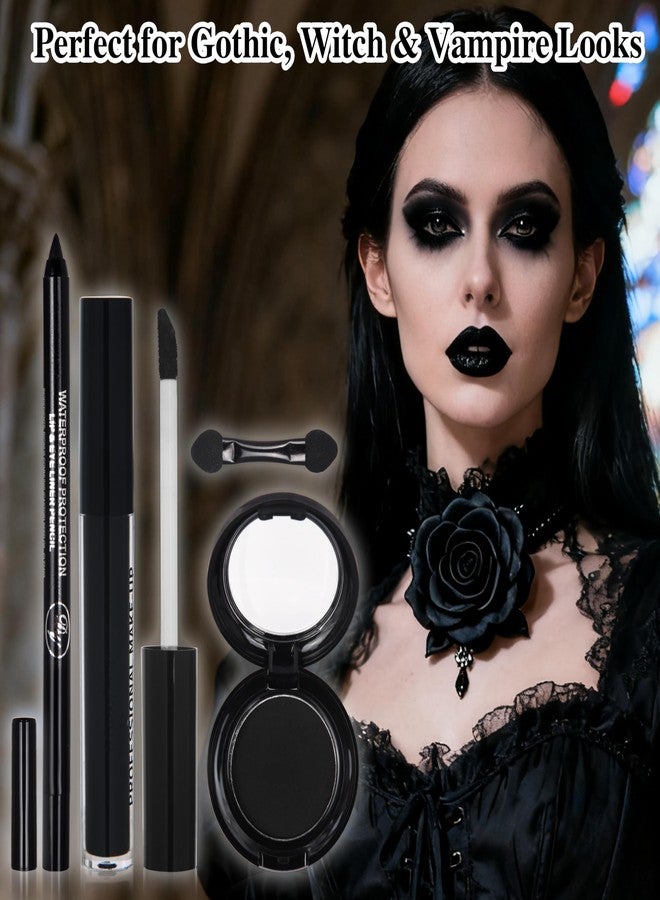 Yeweian Black Eyeshadow Palette Liquid Lipstick Eyeliner Set with Mini Brush, Smokey Eye Shadow Black Lip Gloss lip liner Set, Smudge Proof Long-lasting, Suitable for Halloween Cosplay Goth Witch Makeup - Image 2