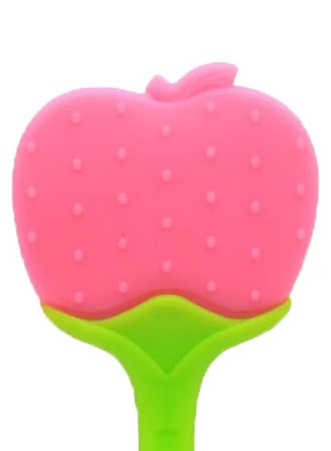ORiTi Food-grade Non-toxic Soft Silicone Fruit Teething Toy With Holder for Baby, Pink/Green - Image 2