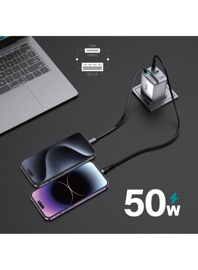 AVOO 50W Fast Wall Charger with Dual USB & Type-C Ports and Built-in Retractable Cable – Smart and Quick Charging for All Devices - Image 3