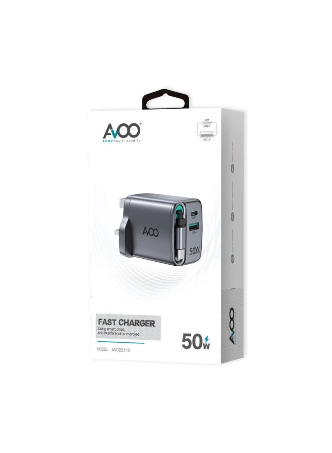 AVOO 50W Fast Wall Charger with Dual USB & Type-C Ports and Built-in Retractable Cable – Smart and Quick Charging for All Devices - Image 1