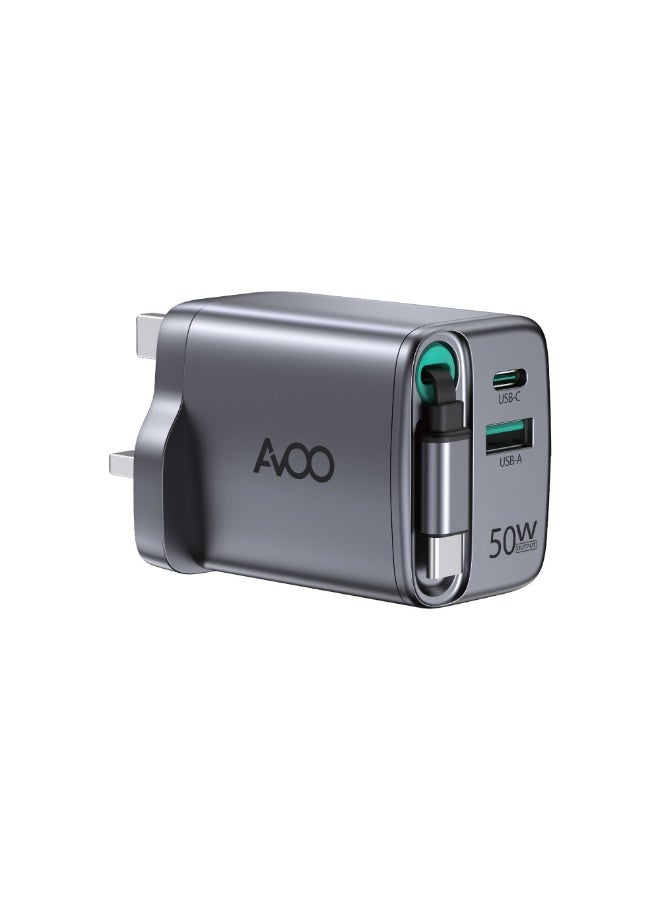 AVOO 50W Fast Wall Charger with Dual USB & Type-C Ports and Built-in Retractable Cable – Smart and Quick Charging for All Devices - Image 2