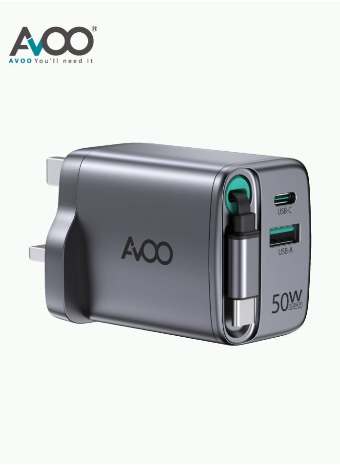 أفو شاحن حائط AVOO سريع بقدرة 50 واط بمنفذي USB وType-C مع كابل سحاب مدمج – شحن ذكي وسريع لجميع الأجهزة - Image 1