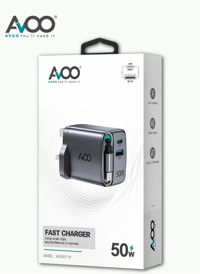 أفو شاحن حائط AVOO سريع بقدرة 50 واط بمنفذي USB وType-C مع كابل سحاب مدمج – شحن ذكي وسريع لجميع الأجهزة - Image 2