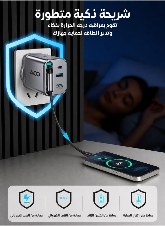 أفو شاحن حائط AVOO سريع بقدرة 50 واط بمنفذي USB وType-C مع كابل سحاب مدمج – شحن ذكي وسريع لجميع الأجهزة - Image 3